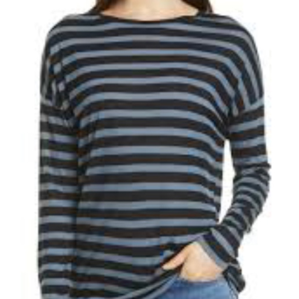 Vince drop shoulder blue and black striped top Small